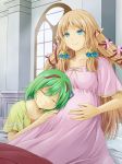  2girls antennae bed bed_sheet blonde_hair blue_eyes breasts closed_eyes closed_mouth flower green_hair hair_flower hair_ornament hair_ribbon hand_on_another&#039;s_stomach hand_on_own_thigh head_on_another&#039;s_stomach ibushigin kohaku_(rune_factory) light_particles long_hair margaret_(rune_factory) medium_breasts motherly multiple_girls nightgown on_bed pillow pointy_ears pregnant ribbon rune_factory rune_factory_4 short_hair sitting sitting_on_bed smile twintails window 
