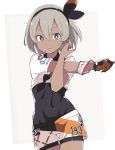  1girl blue_eyes bodysuit_under_clothes covered_navel cowboy_shot cropped_shirt dark_skin gloves grey_hair hair_ornament looking_at_viewer mary_(pokemon) pokemon pokemon_(game) pokemon_swsh pout rauto short_hair short_shorts short_sleeves shorts simple_background single_glove solo stretch white_background wristband 