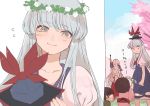  2boys 3girls =o bangs big_hair blue_dress blue_headwear blue_sky bow carrying cherry_blossoms clouds collarbone day dress eyebrows_visible_through_hair faceless from_behind fujiwara_no_mokou giving grass hair_bow hand_over_another&#039;s_eyes happy hat hat_removed head_tilt head_wreath headwear_removed highres holding_stick japanese_clothes joniko1110 kamishirasawa_keine layered_dress long_hair long_sleeves looking_at_another looking_down looking_up multiple_boys multiple_girls pants piggyback puffy_short_sleeves puffy_sleeves red_neckwear red_pants right-to-left_comic shirt short_sleeves sidelocks silver_hair simple_background sky sleeveless sleeveless_dress smile suspenders touhou translation_request very_long_hair white_background white_dress white_shirt 