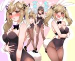  2girls animal_ears bang_dream! bangs black_hair black_legwear black_leotard black_neckwear black_ribbon blonde_hair blush bow bowtie breasts brown_eyes bunny_day bunny_tail bunnysuit chino_machiko clenched_hands commentary_request covered_navel crossed_arms detached_collar embarrassed fake_animal_ears green_eyes hair_ornament hair_ribbon hanazono_tae hand_on_own_stomach high_heels ichigaya_arisa leotard long_hair looking_at_viewer medium_breasts multiple_girls multiple_views pantyhose rabbit_ears ribbon sparkle strapless strapless_leotard tail translation_request twintails wrist_cuffs x_hair_ornament 