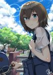  1girl absurdres backpack bag bangs bicycle blue_eyes blue_shirt blue_sky blurry blurry_background blush brown_hair closed_mouth clouds cloudy_sky collared_shirt commentary_request day depth_of_field eyebrows_visible_through_hair fueto_hiroki ground_vehicle hair_between_eyes highres original outdoors school_bag school_uniform shirt short_sleeves signature sky smile solo summer tree white_shirt 