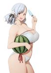  1girl :d bangs bikini breasts cleavage_cutout eyebrows_visible_through_hair flower food fruit girls_frontline hair_flower hair_ornament holding holding_food large_breasts long_hair looking_at_viewer navel open_mouth popsicle red_eyes side-tie_bikini silver_hair simple_background smile solo spas-12_(girls_frontline) strapless strapless_bikini sungpark swimsuit twintails watermelon white_background white_bikini 