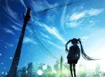  1girl backlighting blue_sky blurry bokeh commentary depth_of_field expressionless hands_in_pockets hatsune_miku highres jacket karanagare_4 long_hair looking_at_viewer miniskirt plant power_lines scenery skirt sky solo standing twintails very_long_hair vocaloid wire 