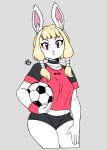  1girl 2020 animal_ears black_shirt blonde_hair breasts bunny_girl eyebrows furry hand_on_own_thigh highres looking_at_viewer medium_breasts medium_hair multicolored_shirt original rabbit_ears red_eyes red_shirt shirt short_sleeves solo taggo twintails 