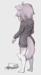  1girl ahoge animal_ears dog_(mixed_breed)_(kemono_friends) dog_ears dog_tail from_behind full_body grey_background grey_hair grey_hoodie kemono_friends long_sleeves multicolored_hair nyifu pantyhose short_hair simple_background standing tail white_hair 