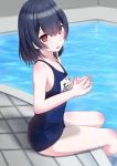  bangs blue_hair blue_swimsuit character_name commentary flat_chest from_above hair_between_eyes hands_together highres idolmaster idolmaster_shiny_colors light_blush looking_at_viewer looking_to_the_side morino_rinze open_mouth pool poolside raised_eyebrows red_eyes school_swimsuit short_hair sitting swimsuit tanaka_urushi tile_floor tiles 