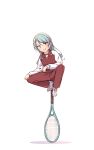 &gt;:) 1girl aqua_hair ayasaka balancing bang_dream! clenched_hands comedy commentary_request highres hikawa_sayo jacket long_hair long_sleeves pants racket raglan_sleeves red_pants red_track_suit shoes simple_background solo tennis_racket track_jacket track_pants white_background white_footwear