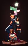  1boy 2girls absurdres aerith_gainsborough arm_guards black_hair blonde_hair brown_hair cloud_strife crop_top crossed_arms dark_background dress final_fantasy final_fantasy_vii final_fantasy_vii_remake flower highres jacket lamppost leg_hug long_hair low-tied_long_hair multiple_girls pleated_skirt qt0ri red_jacket road_sign sign skirt sleeveless sleeveless_turtleneck smile spiky_hair squatting suspender_skirt suspenders tank_top thigh-highs tifa_lockhart turtleneck 