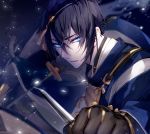  1boy bangs black_gloves black_hair blue_eyes blurry blurry_foreground commentary_request depth_of_field eyebrows_visible_through_hair gloves hair_between_eyes hair_ornament holding holding_sword holding_weapon japanese_clothes kariginu katana long_sleeves looking_at_viewer male_focus mikazuki_munechika mochizuki_shiina parted_lips sayagata solo sword touken_ranbu upper_body v-shaped_eyebrows weapon 