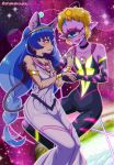  2girls :3 animal_ears antennae blonde_hair blue_eyes blue_hair blush bodysuit braid cat_ears cat_tail collarbone commentary_request cyclops dress elbow_gloves eyelashes eyewon_(precure) facepaint floating furry gem gloves jupiter lipstick long_hair makeup multiple_girls older one-eyed open_mouth planet pointy_ears precure purple_skin round_teeth shake-o short_hair sleeveless sleeveless_dress smile space star_(sky) star_twinkle_precure tail teeth twin_braids twitter_username upper_teeth whiskers white_dress yellow_eyes yuni_(precure) yuri 