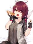  1girl :o apple_pie arknights bangs black_gloves bra_strap breasts brown_eyes commentary exusiai_(arknights) eyebrows_visible_through_hair fingerless_gloves food gloves grey_jacket grey_shirt hair_over_one_eye halo hands_up highres holding holding_food jacket large_breasts looking_at_viewer open_clothes open_jacket open_mouth pie raglan_sleeves redhead shirt short_hair short_sleeves simple_background solo upper_body white_background yatsucchie 