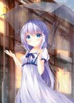  1girl absurdres bangs blue_bow blue_eyes blue_hair blush bow breasts commentary_request dress eyebrows_visible_through_hair gochuumon_wa_usagi_desu_ka? hair_between_eyes hair_ornament hands_up highres holding holding_umbrella kafuu_chino long_hair looking_at_viewer outdoors parted_lips pizzzica puffy_short_sleeves puffy_sleeves rain short_sleeves sidelocks sign small_breasts solo transparent transparent_umbrella umbrella very_long_hair white_dress x_hair_ornament 