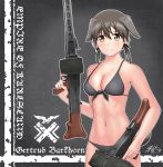  1girl absurdres animal_ears bikini blush breasts brown_hair character_name closed_mouth collarbone commentary dog_ears eyebrows_visible_through_hair gertrud_barkhorn grey_bikini gun hair_ornament hair_ribbon highres large_breasts looking_at_viewer navel ribbon rifle satukiookami shiny shiny_hair short_hair smile solo standing strike_witches swimsuit twintails upper_body weapon world_witches_series 
