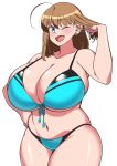  1girl ahoge bikini black_bikini blue_bikini blue_eyes breasts brown_hair cowboy_shot curvy earrings front-tie_bikini front-tie_top hair_flip highres huge_breasts jewelry komusou_(jinrikisha) multicolored multicolored_bikini multicolored_clothes navel one_eye_closed ooba_minori open_mouth original plump smile solo stud_earrings swimsuit thick_thighs thighs 