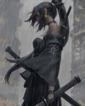  1girl absurdres bare_shoulders black_dress black_eyes black_hair blurry blurry_background breasts depth_of_field detached_sleeves dress earrings glowing guweiz high_ponytail highres holding holding_sword holding_weapon jewelry katana long_hair long_sleeves looking_away original outdoors ponytail profile rain sheath small_breasts solo standing strapless strapless_dress sword very_long_hair weapon wide_sleeves 