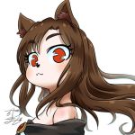  1girl animal_ear_fluff animal_ears avatar_icon brooch brown_hair chamaji commentary dress eyebrows_visible_through_hair imaizumi_kagerou jewelry long_hair looking_at_viewer lowres off-shoulder_dress off_shoulder red_eyes signature solo touhou upper_body werewolf white_background wolf_ears 