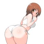  1girl ass bangs bent_over blush bra brown_eyes brown_hair cat_lingerie eyebrows_visible_through_hair frilled_bra frills from_behind girls_und_panzer highres leaning_forward light_frown lingerie looking_at_viewer looking_back meme_attire nishizumi_miho open_mouth panties short_hair side-tie_panties simple_background skindentation solo standing sweatdrop underwear underwear_only white_background white_bra white_panties yabai_gorilla 