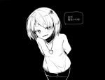  1other androgynous blush chara_(undertale) greyscale heart jewelry looking_at_viewer monochrome necklace open_mouth shirt short_hair shorts simple_background smile solo striped striped_shirt undertale 