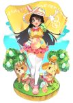  3girls absurdres alternate_costume arm_up black_hair blush character_request doubutsu_no_mori easter easter_egg egg eyebrows_visible_through_hair flag full_body green_eyes hair_ornament hairclip happy_easter highres holding holding_flag kuma_daigorou long_hair long_sleeves looking_at_viewer multiple_girls nijisanji open_mouth puffy_long_sleeves puffy_sleeves shizue_(doubutsu_no_mori) smile thigh-highs translation_request tree tsukino_mito virtual_youtuber white_legwear 