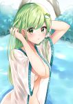  1girl absurdres arms_up blush breasts commentary_request day frog_hair_ornament green_eyes green_hair hair_ornament hair_tubes highres kochiya_sanae long_hair looking_at_viewer medium_breasts naked_shirt no_bra open_clothes open_shirt outdoors shiki_(s1k1xxx) shirt solo touhou tree upper_body wet wet_clothes white_shirt wide_sleeves 