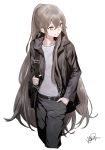  1girl absurdres alternate_costume bag belt black_jacket black_pants brown_hair closed_mouth cropped_legs girls_frontline hair_between_eyes hand_in_pocket highres jacket long_hair long_sleeves looking_to_the_side pants scar scar_across_eye shinoe_nun shirt simple_background solo ump45_(girls_frontline) very_long_hair white_background white_shirt yellow_eyes 