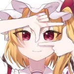  1girl bangs blonde_hair blurry blurry_background closed_mouth depth_of_field eringi_(rmrafrn) eyebrows_visible_through_hair finger_frame flandre_scarlet hair_between_eyes hands_up hat light_smile long_hair looking_at_viewer mob_cap one_side_up portrait red_eyes simple_background solo symbol-shaped_pupils touhou white_background white_headwear wings 