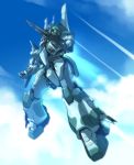  absurdres clenched_hand clouds flying gun gundam gundam_zz highres ishiyumi mecha mechanical_wings rifle robot_joints single_eye sky thrusters weapon wings zaku_iii 