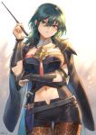  1girl bangs belt black_coat black_shorts blush breasts byleth_(fire_emblem) byleth_eisner_(female) cape coat dagger detached_collar fire_emblem fire_emblem:_three_houses gradient gradient_background green_eyes green_hair hair_between_eyes highres jacket_on_shoulders large_breasts looking_at_viewer mashuu_(neko_no_oyashiro) medium_hair navel open_clothes open_coat pantyhose parted_lips pointer sheath shorts solo thighs weapon 