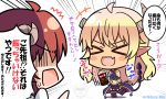  &gt;_&lt; 2girls ahoge blush broken_horn brown_hair cameo censored demon_girl demon_horns demon_tail emphasis_lines eyebrows_visible_through_hair fang gon_freecss hair_ornament horns hunter_x_hunter identity_censor kirigaya_chitose lilith_(machikado_mazoku) long_hair machikado_mazoku meme multiple_girls open_mouth revealing_clothes shaking soda statue tail thigh-highs translation_request yoshida_yuuko_(machikado_mazoku) 