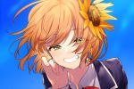  1girl :d bangs blue_sky blush close-up collared_shirt day eyes_visible_through_hair fingernails flower green_eyes grin hair_flower hair_ornament hand_up highres honma_himawari jacket long_sleeves looking_at_viewer neck_ribbon nijisanji open_mouth orange_hair outdoors purple_jacket red_neckwear red_ribbon ribbon shirt short_hair sky smile sogawa solo sunflower_hair_ornament wing_collar 