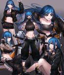  1girl \m/ abs absurdres armpit_peek bandeau bare_shoulders belt black_gloves black_jacket black_pants black_sclera black_shorts blue_hair breasts crop_top cutoffs elbow_gloves fingerless_gloves gas_mask gloves gradient gradient_background highleg highres jacket katana large_breasts long_hair long_sleeves looking_at_viewer midriff multiple_views navel neonbeat open_clothes open_jacket original pants parted_lips ribbed_shirt sheath sheathed shirt shoes short_shorts shorts shoulder_tattoo side_cutout sitting skindentation sleeveless sleeveless_shirt sleeveless_turtleneck standing stomach sword tattoo thighs turtleneck weapon yellow_eyes 