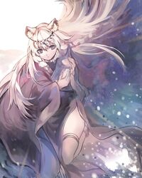  1girl animal_ear_fluff animal_ears arknights bell black_cloak black_dress braid circlet cloak dress english_commentary eyebrows_visible_through_hair hair_between_eyes highres leopard_ears long_hair looking_at_viewer pramanix_(arknights) ribbed_sweater side_braids silver_hair solo sweater thigh-highs thighs turtleneck turtleneck_sweater twin_braids violet_eyes white_legwear white_sweater zya_zya 