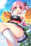  1girl alternate_costume armpits bangs bare_shoulders blue_hair blurry blurry_background blush breasts cheerleader clouds cloudy_sky commentary_request crop_top eyebrows_visible_through_hair flower gradient_hair hair_between_eyes hair_flower hair_ornament hair_ribbon harusame_(kantai_collection) highres kantai_collection leg_up light_rays long_hair looking_at_viewer medium_breasts multicolored_hair open_mouth panties pink_hair pink_panties pleated_skirt pom_poms red_eyes ribbon ringo_sui side_ponytail sidelocks skirt sky sleeveless socks solo sparkle sunbeam sunlight sweat underwear white_legwear 
