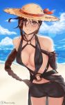  1girl arms_behind_back bangs bare_shoulders beach black_shorts black_swimsuit blue_sky blush braid breasts brown_eyes brown_hair choker closed_mouth collarbone consort_yu_(fate) earrings fate/grand_order fate_(series) glasses hat heomura heroic_spirit_festival_outfit highres jewelry long_hair long_sleeves looking_at_viewer medium_breasts multiple_earrings navel o-ring ocean ribbon_trim short_shorts shorts single_braid sky smile solo straw_hat swimsuit thighs very_long_hair 
