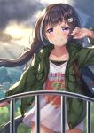  1girl arm_up backpack bag bangs blush breast_pocket cat_hair_ornament clothes_writing clouds cloudy_sky collarbone commentary_request crying crying_with_eyes_open day english_text eyebrows_visible_through_hair floating_hair green_jacket hair_ornament hair_ribbon hairclip jacket kyaru_(princess_connect) long_hair long_sleeves low_twintails multicolored_hair no_pants open_clothes open_jacket outdoors parted_lips pocket princess_connect! princess_connect!_re:dive red_ribbon ribbon shirt sky solo streaked_hair streaming_tears tears twintails unbuttoned very_long_hair white_hair white_shirt yuririn_poi 