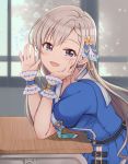  1girl :d arm_support bangs blue_shirt blue_skirt blurry blurry_background blush braid commentary_request depth_of_field desk eyebrows_visible_through_hair green_neckwear grey_hair hair_ribbon hand_up head_in_hand hisakawa_hayate hoshino_ouka idolmaster idolmaster_cinderella_girls idolmaster_cinderella_girls_starlight_stage indoors long_hair looking_at_viewer looking_to_the_side necktie open_mouth plaid_neckwear pleated_skirt puffy_short_sleeves puffy_sleeves ribbon sailor_collar school_desk school_uniform serafuku shirt short_sleeves skirt smile solo translation_request very_long_hair white_ribbon white_sailor_collar window wrist_cuffs 