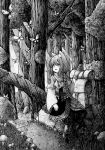  1girl absurdres animal_ears braid bug butterfly cat_ears forest greyscale happy highres insect long_sleeves looking_away monochrome nature open_mouth original outdoors scarf scenery single_braid sitting smile solo tree usio_ueda 