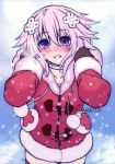  1girl alternate_costume artist_name blush d-pad d-pad_hair_ornament eyebrows_visible_through_hair hair_ornament looking_at_viewer neptune_(neptune_series) neptune_(series) nyamota parted_lips purple_hair red_legwear santa_costume short_hair sidelocks signature snow snowing solo thigh-highs violet_eyes 