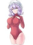  1girl alternate_costume breasts commentary_request covered_navel cowboy_shot cropped_legs groin hands_on_own_chest highres impossible_clothes large_breasts lavender_hair leotard letty_whiterock long_sleeves looking_at_viewer red_leotard short_hair simple_background solo standing thighs touhou triangular_headpiece turtleneck turtleneck_leotard violet_eyes white_background white_headwear y2 