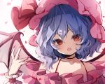  1girl :o bangs bare_shoulders bat_wings blue_hair bra_strap commentary dress eyebrows_visible_through_hair fingernails hand_up hat hat_ribbon head_tilt looking_at_viewer mob_cap nail_polish off-shoulder_dress off_shoulder open_mouth petals pink_dress pink_headwear pink_nails piyokichi red_eyes red_ribbon remilia_scarlet revision ribbon sharp_fingernails short_hair simple_background solo touhou upper_body white_background wings wrist_cuffs 