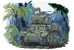  2girls bangs closed_mouth fairy_(kantai_collection) ground_vehicle hat helmet juraki_hakuaki kantai_collection military military_uniform military_vehicle motor_vehicle multiple_girls open_mouth outdoors tank tree uniform vehicle_request 