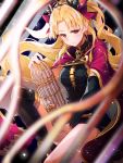  1girl black_legwear blonde_hair breasts cage cloak closed_mouth earrings ereshkigal_(fate/grand_order) expressionless eyebrows_visible_through_hair fate/grand_order fate_(series) hair_ribbon highres jewelry large_breasts long_hair looking_at_viewer over-kneehighs pot-palm red_eyes red_ribbon ribbon solo thigh-highs twintails 