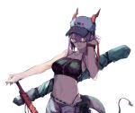  1girl arknights bangs bare_arms bare_shoulders baseball_cap bikini black_bikini breasts ch&#039;en_(arknights) commentary dokuro_deluxe dragon_horns dragon_tail english_commentary grin hair_between_eyes hand_up hat heart highres horns long_hair looking_at_viewer medium_breasts navel parted_lips pouch purple_hair red_eyes shorts simple_background smile solo stomach sunglasses swimsuit tail upper_body white_background 