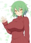  1girl breasts eyebrows eyebrows_visible_through_hair green_hair hand_up highres hikage_(senran_kagura) ichiryuu_tsumiki large_breasts looking_at_viewer petals red_sweater ribbed_sweater senran_kagura short_hair sweater turtleneck turtleneck_sweater white_background yellow_eyes 