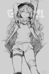  1girl absurdres allze artist_name blush character_name coat commentary english_commentary eyebrows_visible_through_hair g11_(girls_frontline) girls_frontline highres long_hair looking_at_viewer monochrome neckwear parted_lips short_shorts shorts sketch solo thigh_strap very_long_hair 