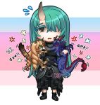  1girl =3 anger_vein animal animalization arknights artist_name bangs black_footwear black_gloves black_pants black_shirt blue_background boots ch&#039;en_(arknights) ch&#039;en_(arknights)_(dragon) chibi colored_eyelashes dragon eastern_dragon flying_sweatdrops full_body gloves green_eyes green_hair grey_eyes hair_over_one_eye holding holding_animal horn hoshiguma_(arknights) knee_pads long_hair multicolored multicolored_background open_mouth pants pink_background red_eyes shirt skull_and_crossbones standing swire_(arknights) swire_(arknights)_(tiger) tiger very_long_hair vistyeria white_background 