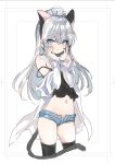  1girl animal_ears bangs bare_shoulders black_camisole black_legwear blue_eyes blue_shorts blush camisole cat_ears cat_girl cat_tail closed_mouth commentary_request cropped_legs emily_(pure_dream) eyebrows_visible_through_hair fake_animal_ears hair_between_eyes hands_up jacket long_hair long_sleeves looking_at_viewer midriff navel off_shoulder open_clothes open_fly open_jacket open_shorts original panties short_shorts shorts silver_hair sleeves_past_wrists smile solo strap_slip striped striped_panties tail thigh-highs underwear very_long_hair white_background white_jacket 