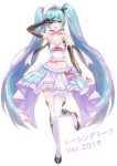  1girl 2019 :d absurdres aqua_eyes aqua_hair breasts character_name elbow_gloves full_body gloves goodsmile_racing hair_between_eyes hair_ribbon hat hatsune_miku headset high_heels highres long_hair medium_breasts midriff navel nyun open_mouth racing_miku racing_miku_(2019) ribbon simple_background skirt smile solo standing standing_on_one_leg thigh-highs twintails v very_long_hair vocaloid white_background 