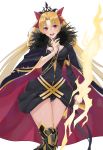  1girl armor asymmetrical_legwear asymmetrical_sleeves bangs between_breasts black_cape black_legwear black_leotard blonde_hair blush bow breasts cape detached_collar earrings ereshkigal_(fate/grand_order) eyebrows_visible_through_hair fate/grand_order fate_(series) fur-trimmed_cape fur_trim gold_trim hair_bow hair_ribbon highres hoop_earrings index_finger_raised infinity jewelry large_breasts leotard lightning_bolt long_hair long_sleeves looking_at_viewer meslamtaea_(weapon) morin24115 multicolored multicolored_cape multicolored_clothes necklace open_mouth parted_bangs red_bow red_cape red_eyes red_ribbon ribbon simple_background single_sleeve single_thighhigh skull smile solo spine thigh-highs thighs tiara two_side_up upper_teeth very_long_hair white_background 