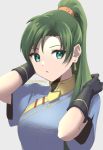  black_gloves earrings fire_emblem fire_emblem:_the_blazing_blade gloves green_eyes green_hair hand_behind_head jewelry long_hair looking_to_the_side lyn_(fire_emblem) open_mouth short_sleeves skeptycally tied_hair 